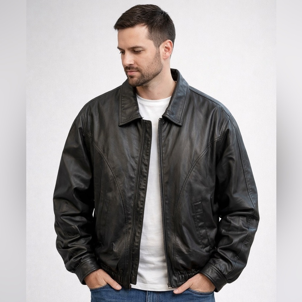 Vintage Black Leather Bomber Jacket Men’s XXL Faux Fur Lined Heavy Coat